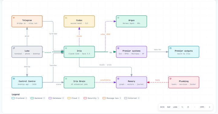 Overview diagram: Luke, Telegram and the Control Centre lead into Iris, which reads Premier systems and memory and relays to Argus and Codex